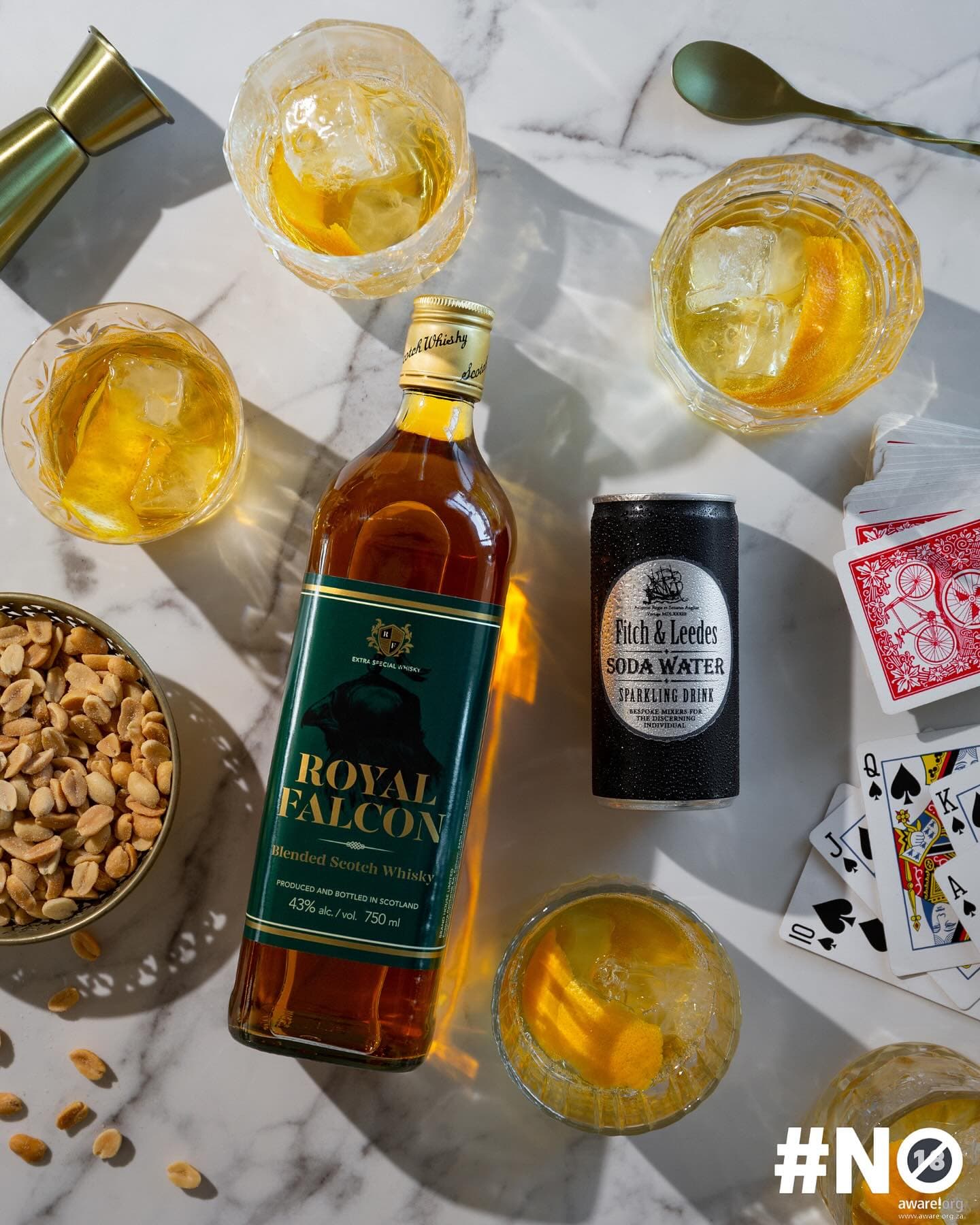 Royal Falcon whisky and cocktail glassware on marble surface